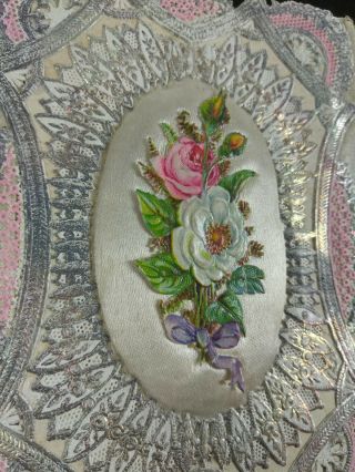 Vtg Valentine Card - ca 1870 Rare Tri Fold Paper Lace Silk Medallion Silver Det 4