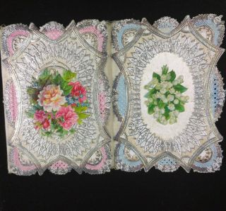 Vtg Valentine Card - ca 1870 Rare Tri Fold Paper Lace Silk Medallion Silver Det 6