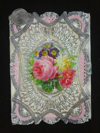 Vtg Valentine Card - ca 1870 Rare Tri Fold Paper Lace Silk Medallion Silver Det 7