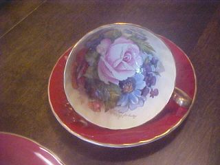 Vintage Aynsley England Cabbage Rose signed J.  A.  Bailey Desert Plate Cup &Saucer 2