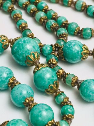Vintage 1930’s Art Deco Green Czech Peking Glass Bead Necklace 28” Inches Long