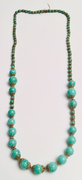 Vintage 1930’s Art Deco Green Czech Peking Glass Bead Necklace 28” Inches Long 2