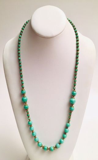 Vintage 1930’s Art Deco Green Czech Peking Glass Bead Necklace 28” Inches Long 3