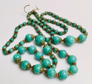 Vintage 1930’s Art Deco Green Czech Peking Glass Bead Necklace 28” Inches Long 4