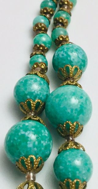 Vintage 1930’s Art Deco Green Czech Peking Glass Bead Necklace 28” Inches Long 6
