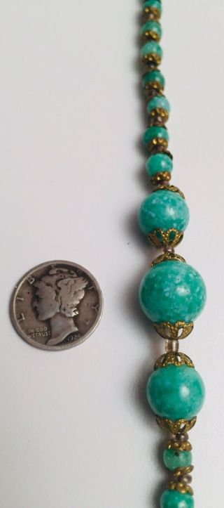Vintage 1930’s Art Deco Green Czech Peking Glass Bead Necklace 28” Inches Long 7
