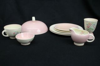 9 Pc.  Vintage Susie Cooper Dresden Spray And All Pink Plates,  Cups,  Creamer