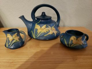 Vintage Roseville Pottery,  Rare Bahama Blue Zephyr Lily Tea Set,  Near