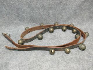 Vintage Brass Sleigh Bells On Leather Strap Belt Has 14 Bells 6.  5 " Long