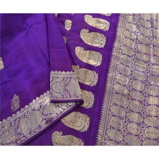 Sanskriti Vintage Blue Heavy Saree Pure Silk Banarasi Brocade Craft Fabric Sari