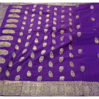 Sanskriti Vintage Blue Heavy Saree Pure Silk Banarasi Brocade Craft Fabric Sari 2