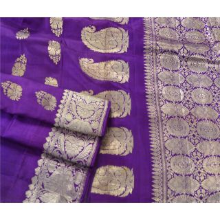 Sanskriti Vintage Blue Heavy Saree Pure Silk Banarasi Brocade Craft Fabric Sari 3