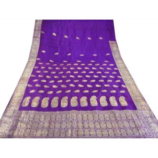 Sanskriti Vintage Blue Heavy Saree Pure Silk Banarasi Brocade Craft Fabric Sari 4