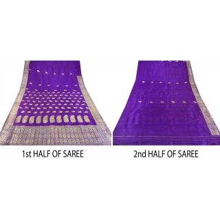 Sanskriti Vintage Blue Heavy Saree Pure Silk Banarasi Brocade Craft Fabric Sari 6