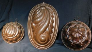 3 Vintage Italian Copper Food Jelly Molds Old Country Kitchen Aspic Tinned