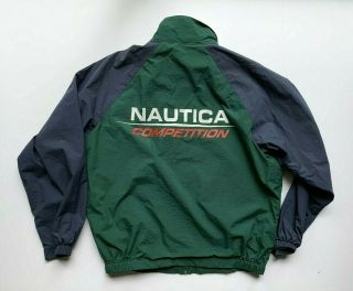 90s Vtg Nautica Competition Nylon Green Logo Spellout Tracksuit Jacket Pants M/l