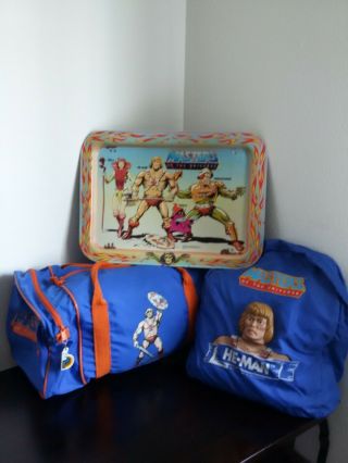 Vintage Masters Of The Universe Accessories Lot; Duffle Bag,  Backpack,  Tv Tray