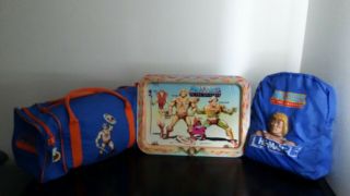 Vintage Masters of the Universe Accessories Lot; Duffle Bag,  Backpack,  TV Tray 2