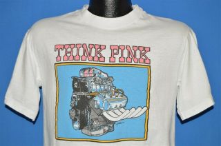 Vintage 70s Think Pink Ed Pink Racing Engines Car Motor White T - Shirt Medium M