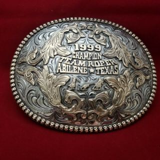 Rodeo Trophy Buckle Vintage 1999 Abilene Texas Team Roping Champion Cowboy 59