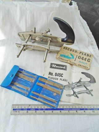 Vintage Record Uk Model:044c Plough Plane & 9 Cutters Old Tool
