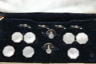 Vintage Silver And Mother Of Pearl Cufflinks And Studs Set.