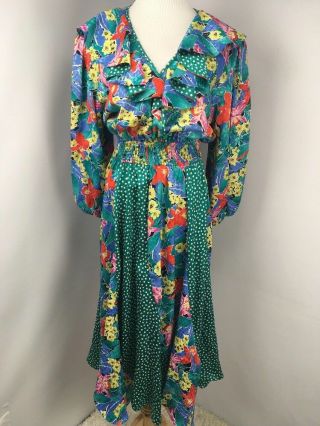 Vtg 80s Susan Freis Floral Polka Dot Bohemian Gypsy Dress L Smocked Euc