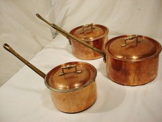 3 Vtg Heavy Hammered Copper Pots Brass Handles Lids Finish Cookware