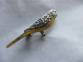 Rare Sterling Silver Art Deco Guilloche Enamelled Budgie Bird Brooch Vgc