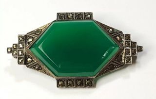 Antique German Art Deco Sterling Silver Chrysoprase Brooch Pin Chalcedony