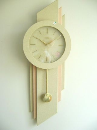 Vintage 1980s Art Deco Revival Empire Pendulum Wall Clock Pastels Geometric 36 "