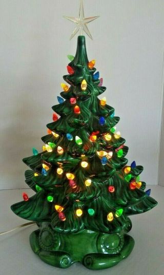 Vtg Atlantic Molds Light - Up Ceramic Christmas Tree & Base Green 16 " T 19 " W/star