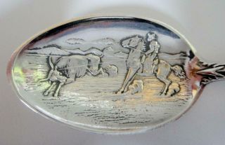 5.  75 " Antique Sterling Silver Souvenir Spoon,  Cowboy Roping A Steer