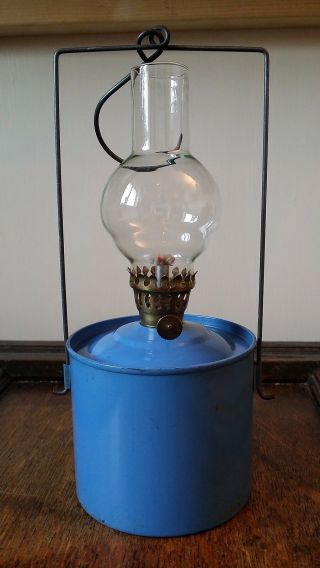 Vintage Blue Enamelled Hanging Oil Lamp - Paraffin Camping - Gwo