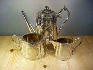 Antique Victorian Coffee Pot Milk & Sugar Silver Plate Set
