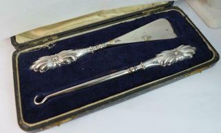 1912/13 Solid Silver Crisford & Norris Shoe Horn & Button Hook Set In Case