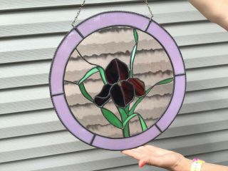 Vintage Leaded Stained Glass Window Suncatcher 15” Red Iris Purples Handcrafted