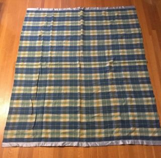 Vintage Wool Plaid Blanket Twin Size Blue Green Gold W/ Satin Binding 66x86