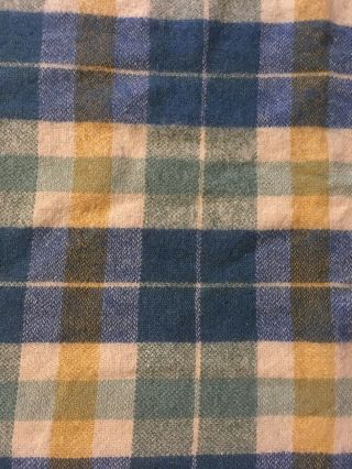 Vintage Wool Plaid Blanket Twin Size Blue Green Gold w/ Satin Binding 66x86 2