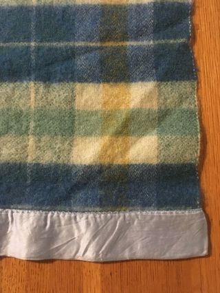 Vintage Wool Plaid Blanket Twin Size Blue Green Gold w/ Satin Binding 66x86 3
