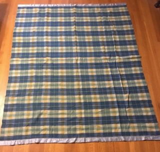 Vintage Wool Plaid Blanket Twin Size Blue Green Gold w/ Satin Binding 66x86 4