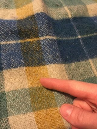 Vintage Wool Plaid Blanket Twin Size Blue Green Gold w/ Satin Binding 66x86 5