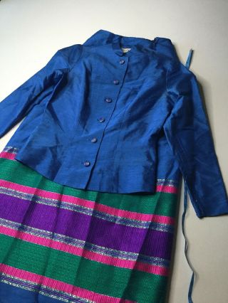 Vintage 60’s Star Of Siam Raw Silk Bohemian Hippy 2 Piece Dress Blue Thai Euc 4