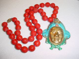 ORIENTAL CINNABAR NECKLACE - LARGE ENAMEL FACE PENDANT 5