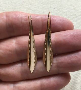 14k Elongated Shield Earrings Vintage Diamond Cut 2 " Kite Shape Dangle Retro