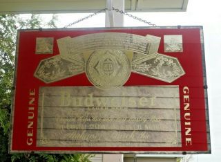 Vintage 1970s Budweiser Beer Reverse Glass Bar Advertising Sign W/ Hanging Frame