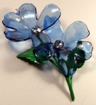 Vintage Blue Poured Celluloid / Early Plastic & Rhinestone 4 1/4 " Flower Pin