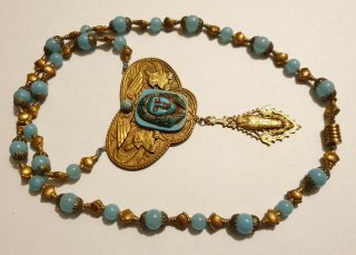 Vintage Art Deco Style Czech Blue Glass Egyptian Revival Cabochon Drop Necklace