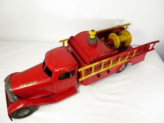 VTG 1930 ' s STRUCTO FIRE ENGINE PUMPER TOY TRUCK W/ LADDERS & BELL Pressed Steel 6