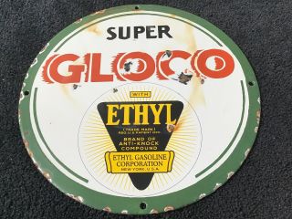Vintage Gloco Ethyl Gasoline Motor Oil Porcelain Enamel Sign 12 " Gas Rare